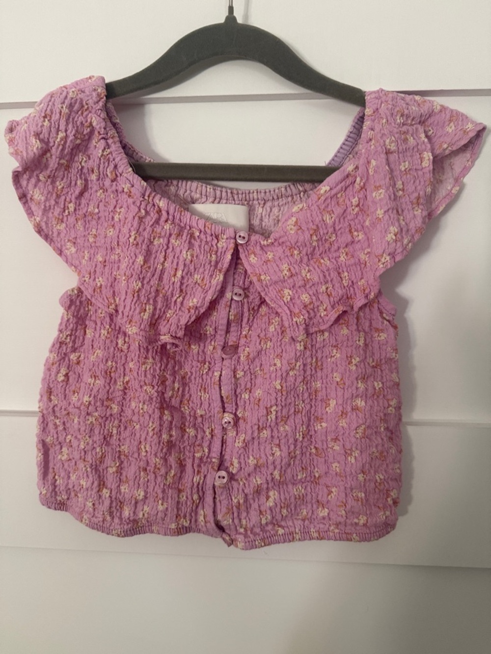 Zara Lilac Textured Ruffle-Trim Button Front Top